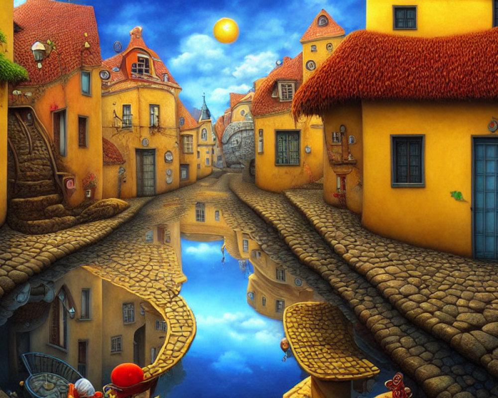 Colorful painting of a charming village with cobblestone paths and canal reflection