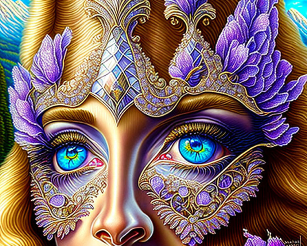 Colorful close-up illustration of woman's face with purple and gold masquerade mask and blue eyes