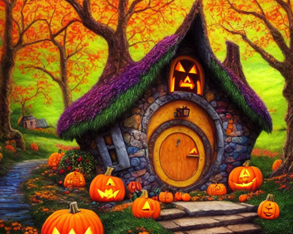 Stone fairy-tale cottage with clock door in autumn scene