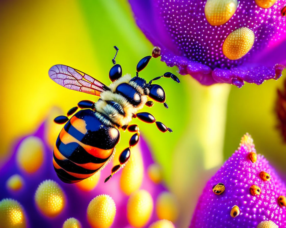 Colorful Bee on Purple Flower with Yellow Spots and Yellow Background