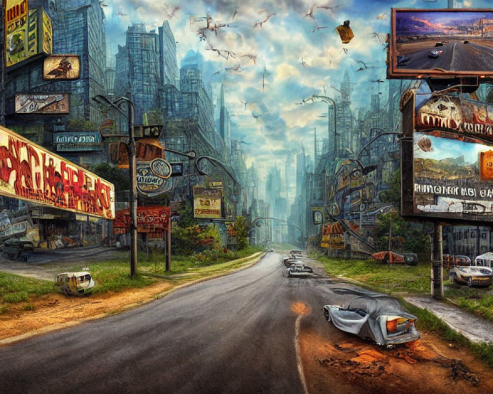 Desolate post-apocalyptic city street with faded billboards and overgrown plants