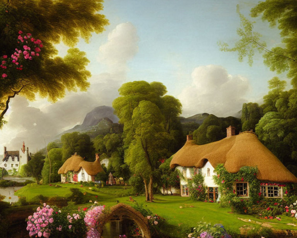 Tranquil rural landscape with thatched cottages, serene river, lush greenery, and peaceful