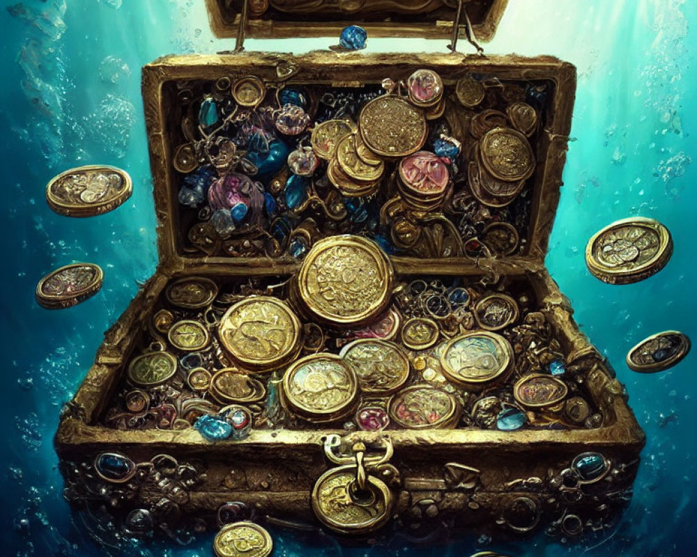 Ornate treasure chest filled with coins and jewels in underwater scene