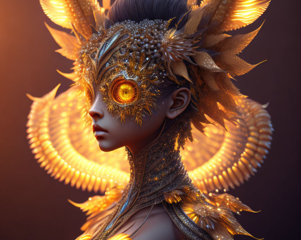 Digital Artwork: Person with Golden-Feathered Headdress and Intricate Mask