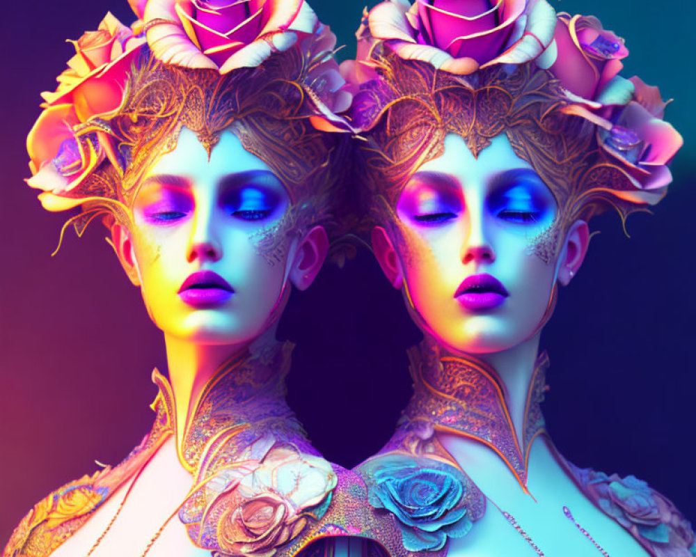 Ethereal figures with floral headpieces and intricate makeup in vibrant lighting