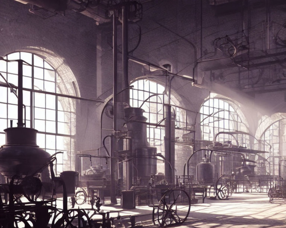 Industrial vintage interior with large arched windows and distillation pipes.