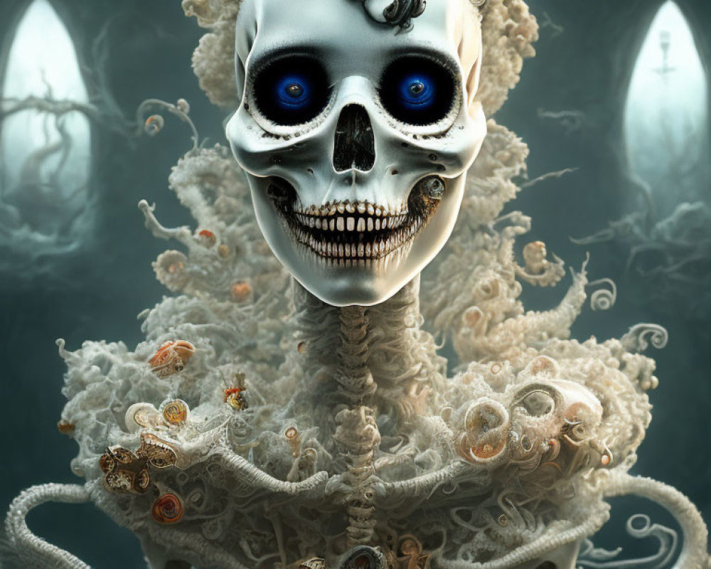 Skeletal figure with blue eyes and bone adornments in misty setting