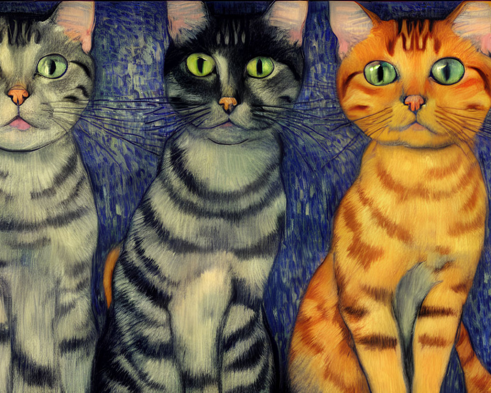 Colorful Stylized Cats with Large Eyes on Blue Patterned Background