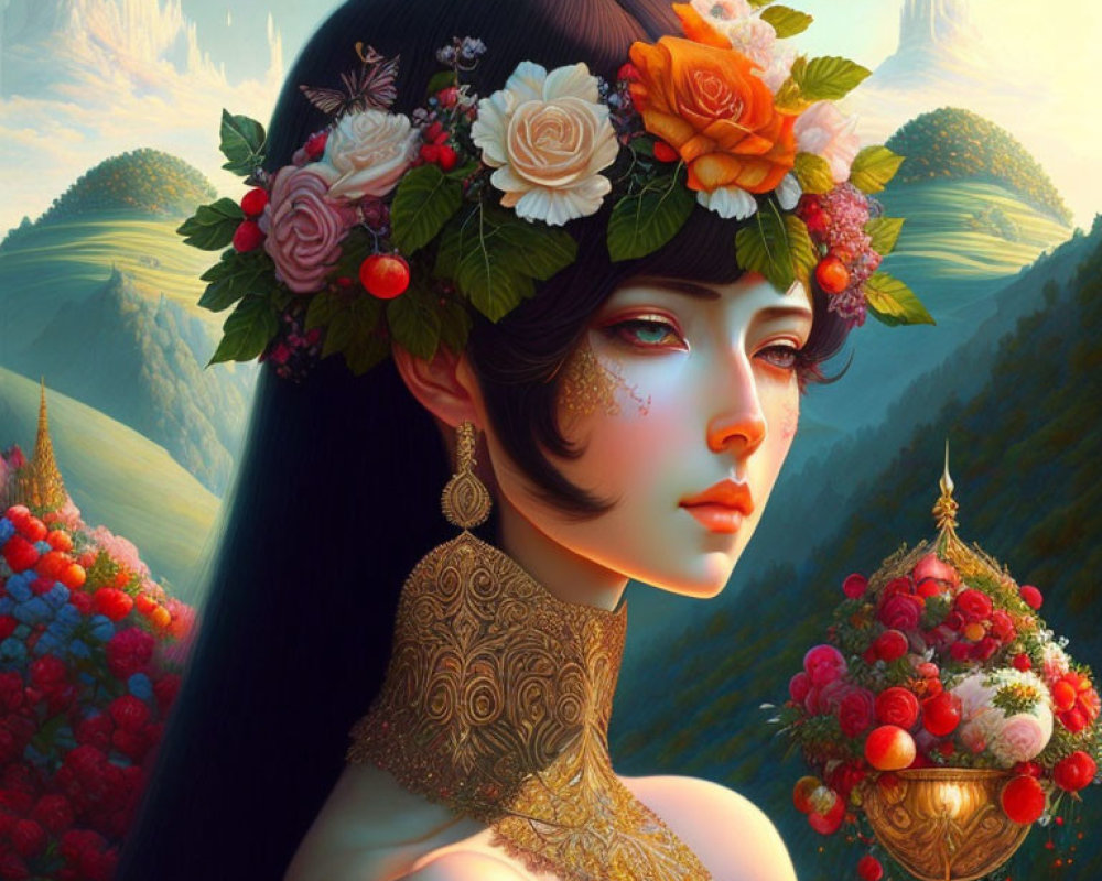 Illustrated woman with floral crown and gold jewelry in fantasy landscape.