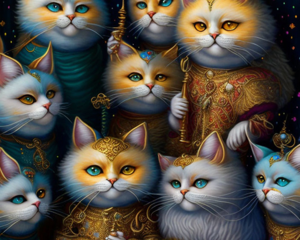 Vibrant illustration of cats in medieval attire with human-like eyes