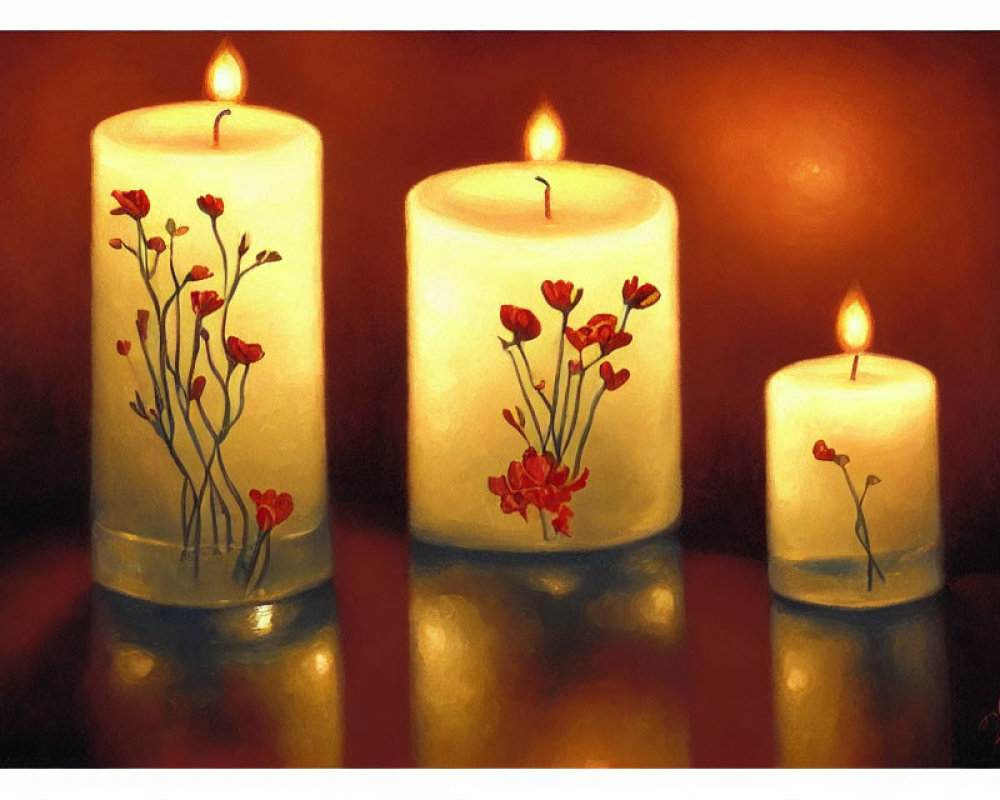 Three lit candles with red floral designs on glossy surface against warm-toned background