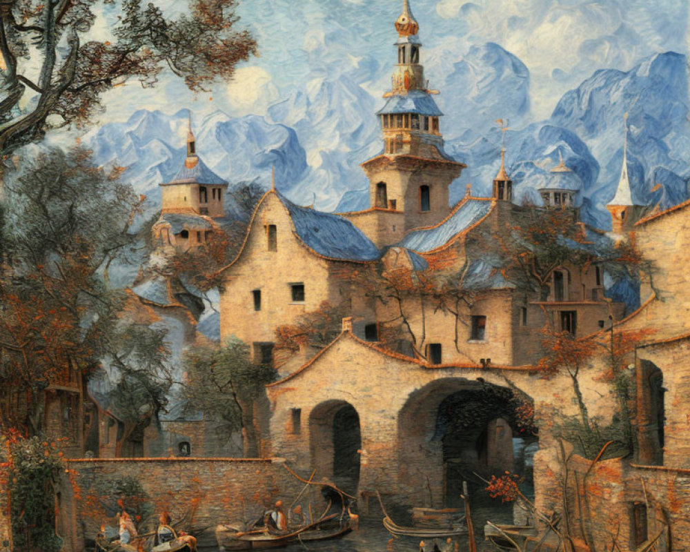 Fantasy painting: Idyllic canal, medieval buildings, towers, mountains, swirling sky