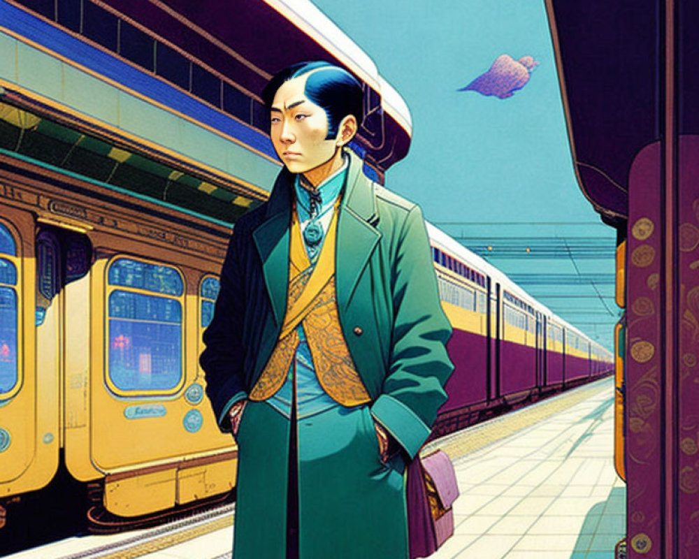 Colorful illustration of person on platform with train and surreal bird