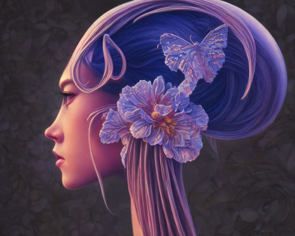Person with Purple Hair, Butterfly, and Blue Flower on Textured Background