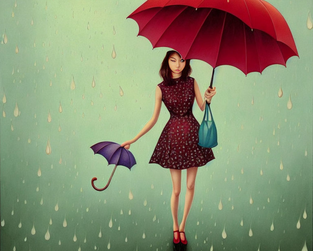 Woman with red and purple umbrellas standing on stump in raindrops, green background