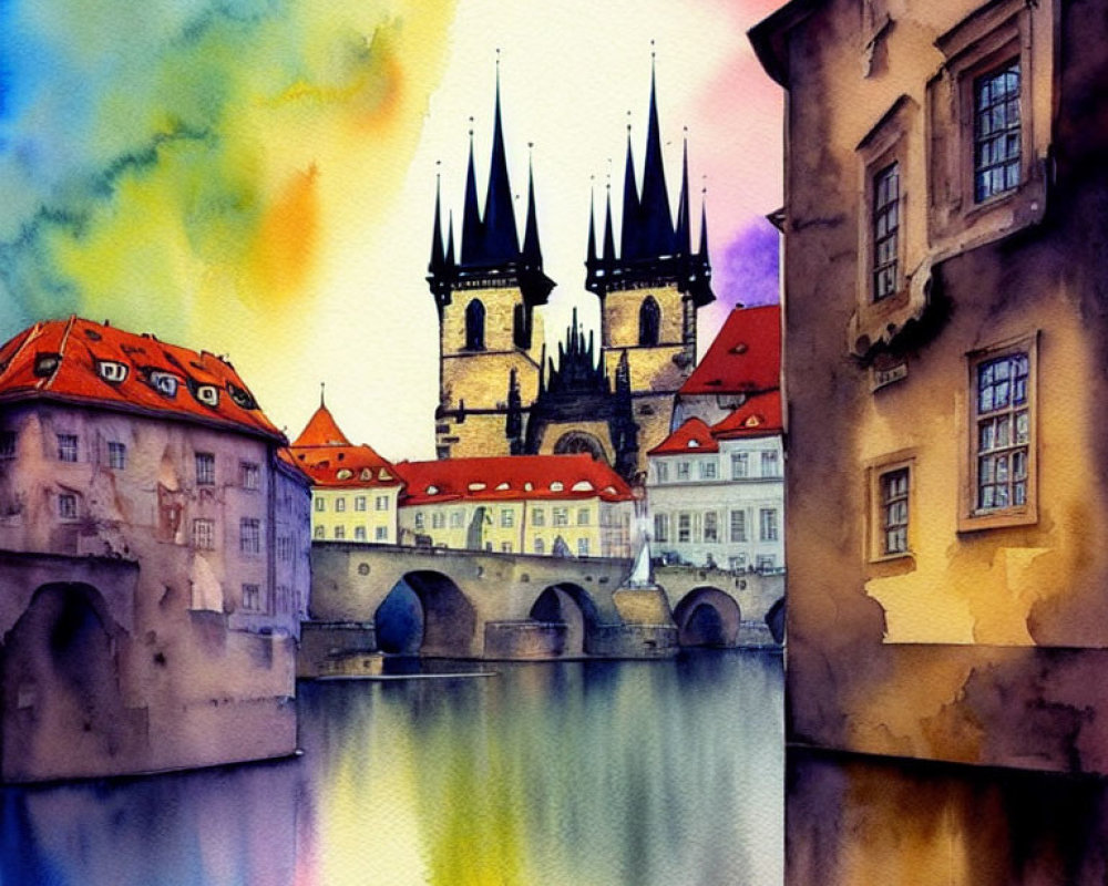 European cityscape watercolor painting with river, bridge, and spires.