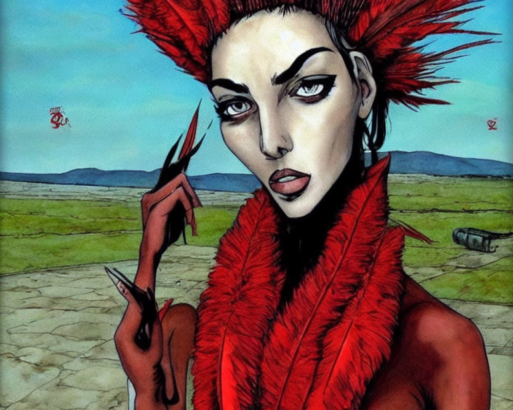 Stylized illustration of woman with red mohawk and feather boa in desolate landscape