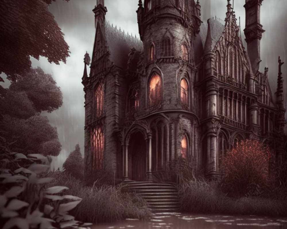 Eerie Gothic Mansion Dusk Scene with Orange Windows