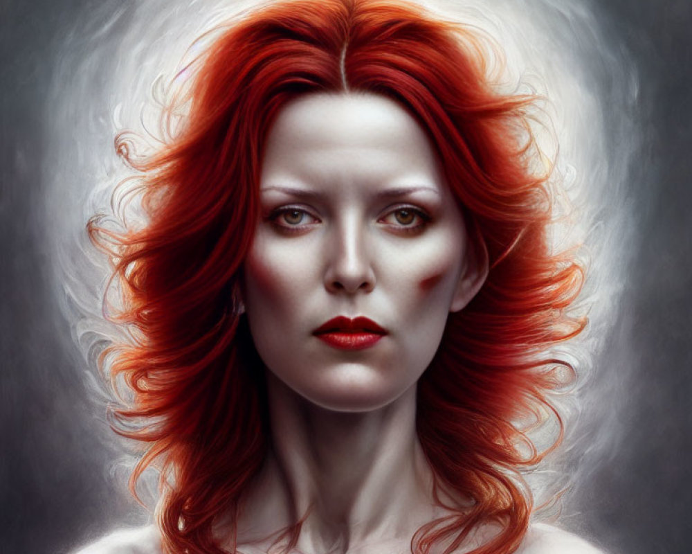 Digital painting of woman with flowing red hair and piercing eyes on soft grey background