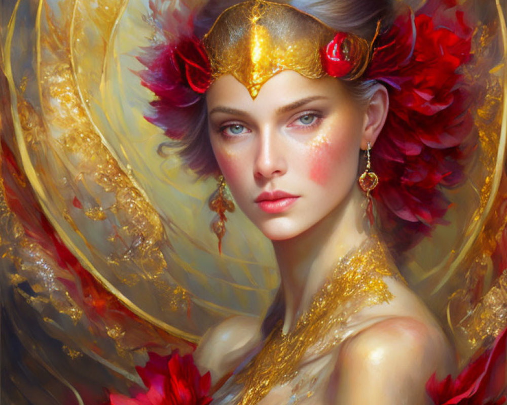 Regal Woman with Blue Eyes and Golden Headpiece