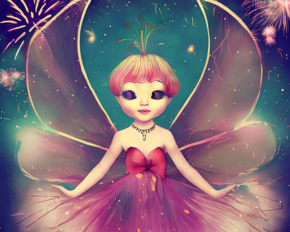 Stylized fairy with large wings and pink hair in purple dress amid fireworks and starry sky