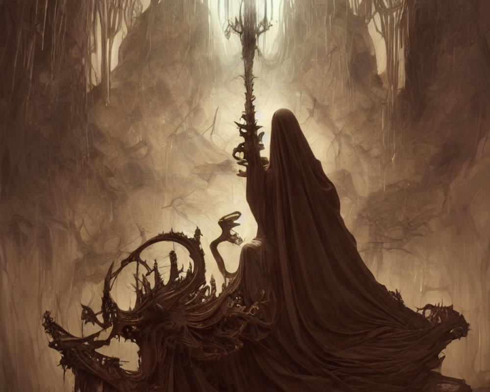 Mysterious figure on gnarled throne in eerie forest