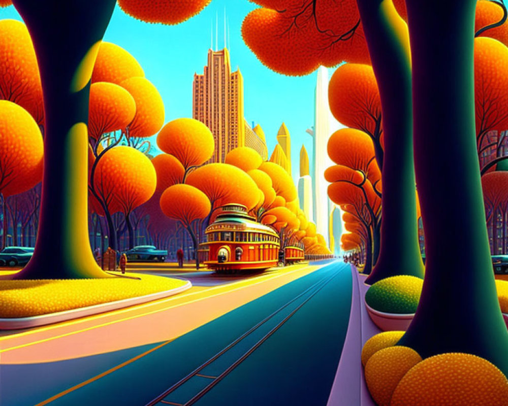 Cityscape with old-fashioned tram, skyscrapers, and neon trees.