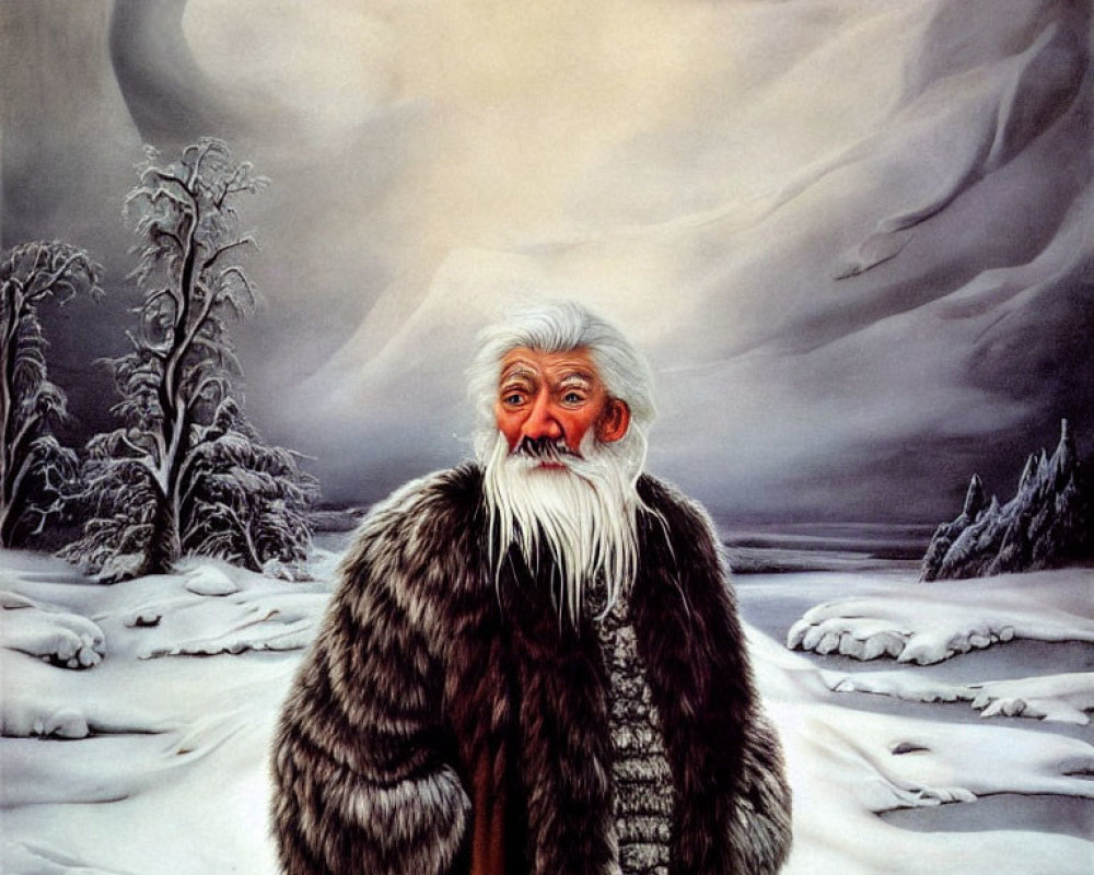 Elderly man with long white beard in fur coat in snowy landscape