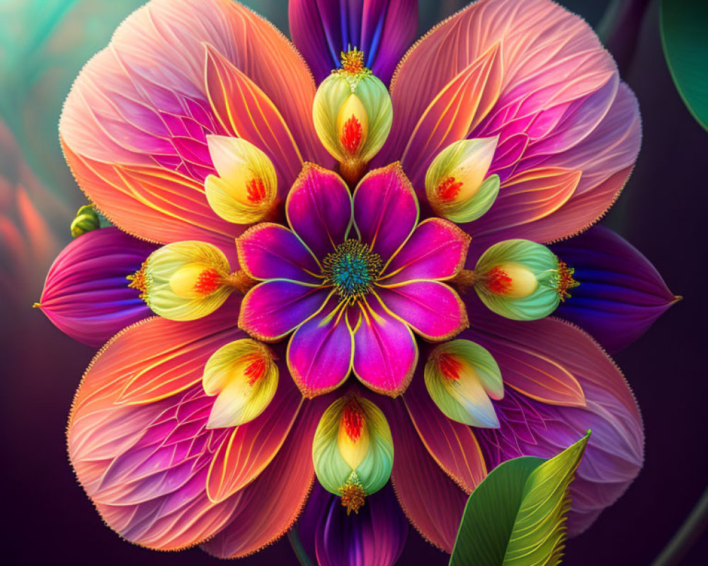 Colorful digital artwork: Vibrant multi-layered flower in purple, pink, yellow, and orange