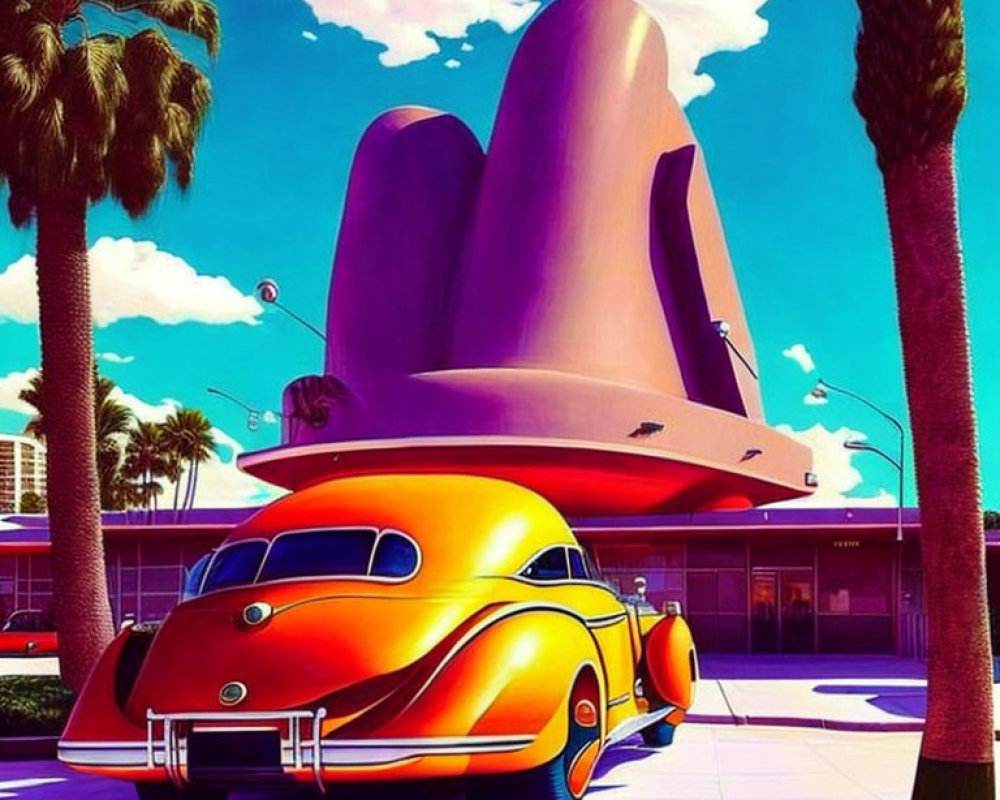 Colorful illustration of orange car on sunny street with palm trees and purple building