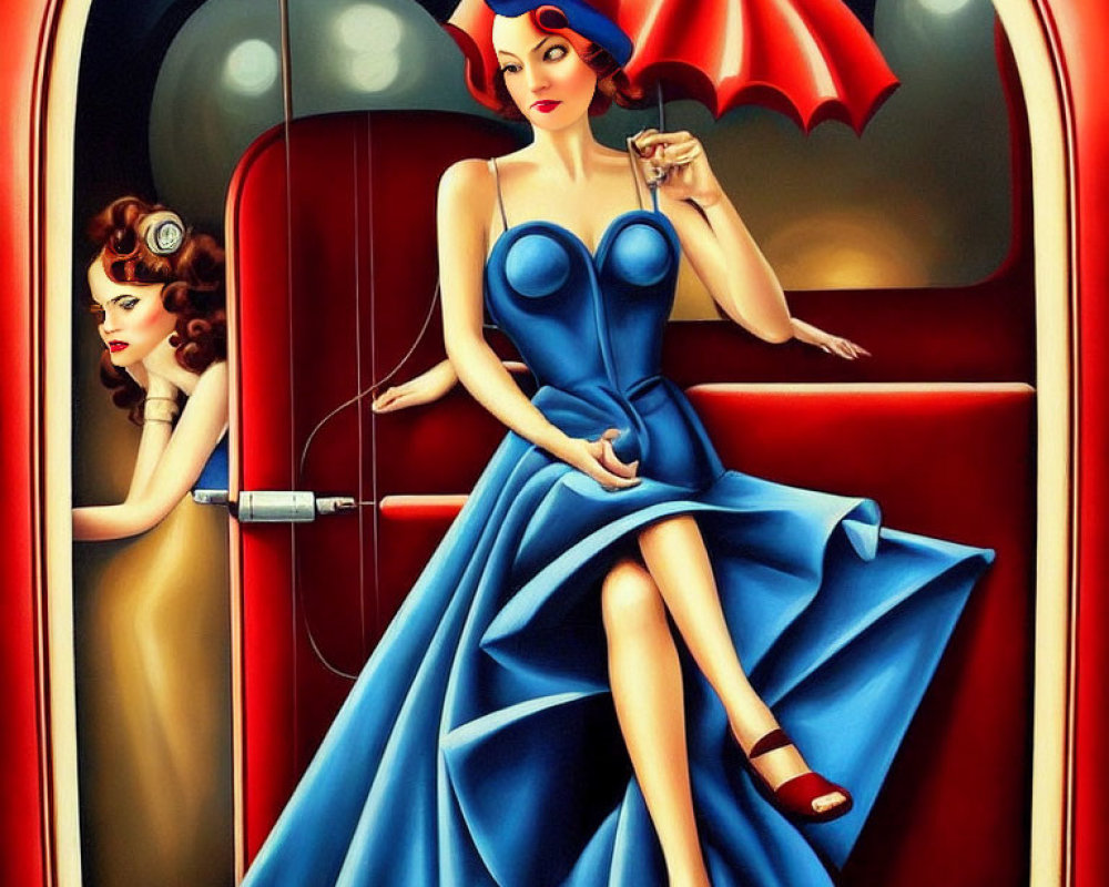 Vintage attire painting of two women in red booth with umbrella and headset