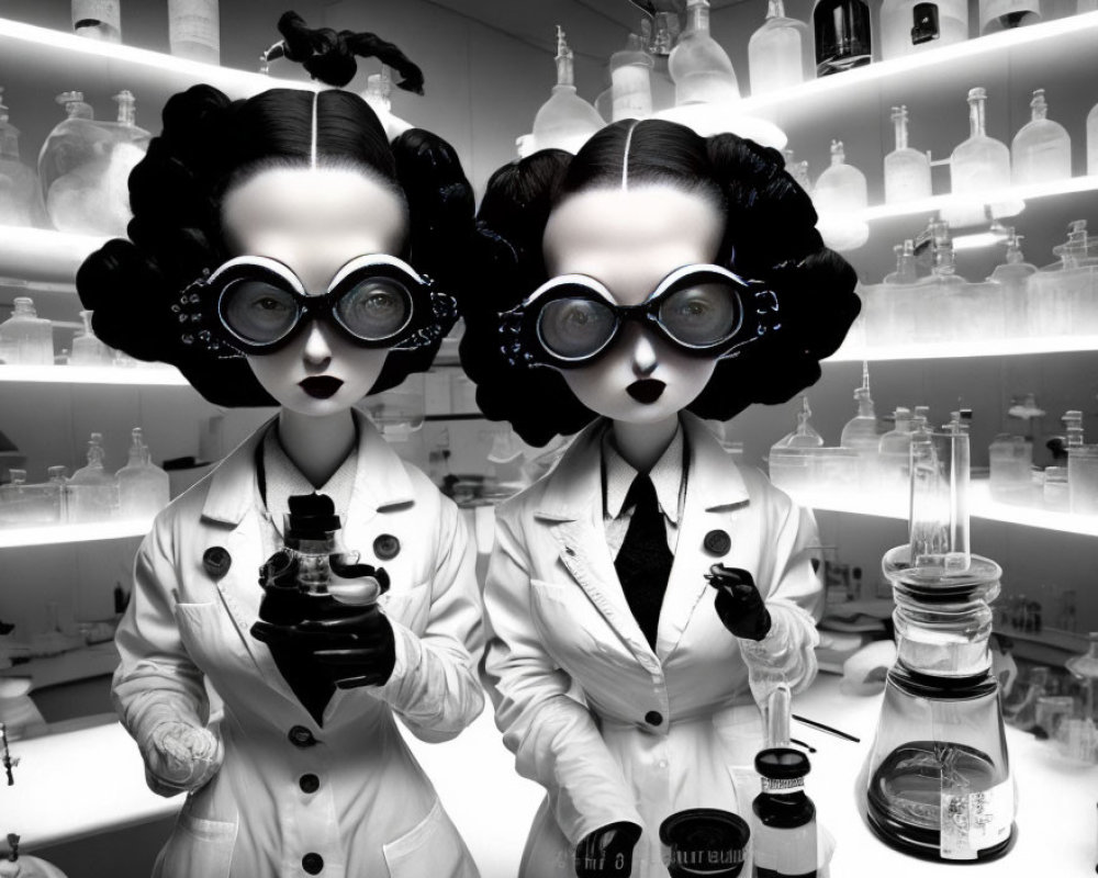 Stylized female figures in lab setting with exaggerated features