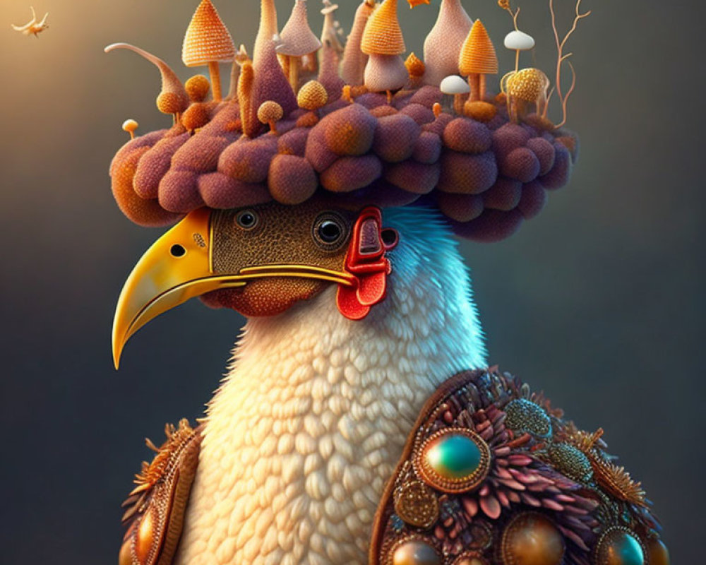 Colorful bird with mushroom and plant-adorned head and intricate feather details
