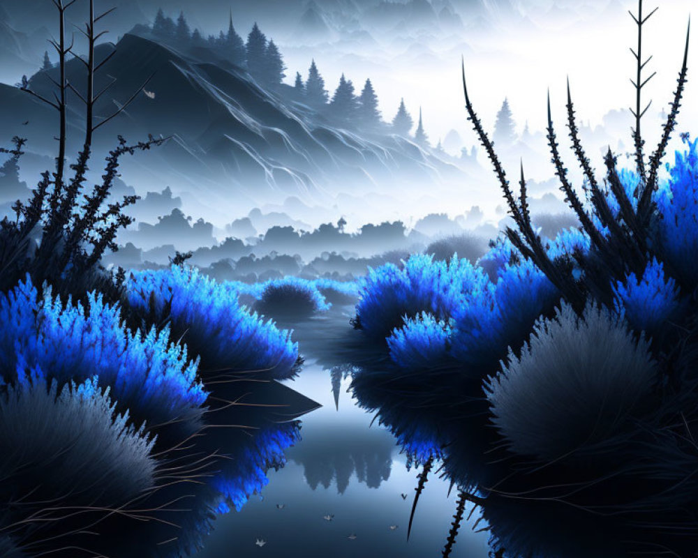 Mystical landscape with neon blue plants by tranquil lake