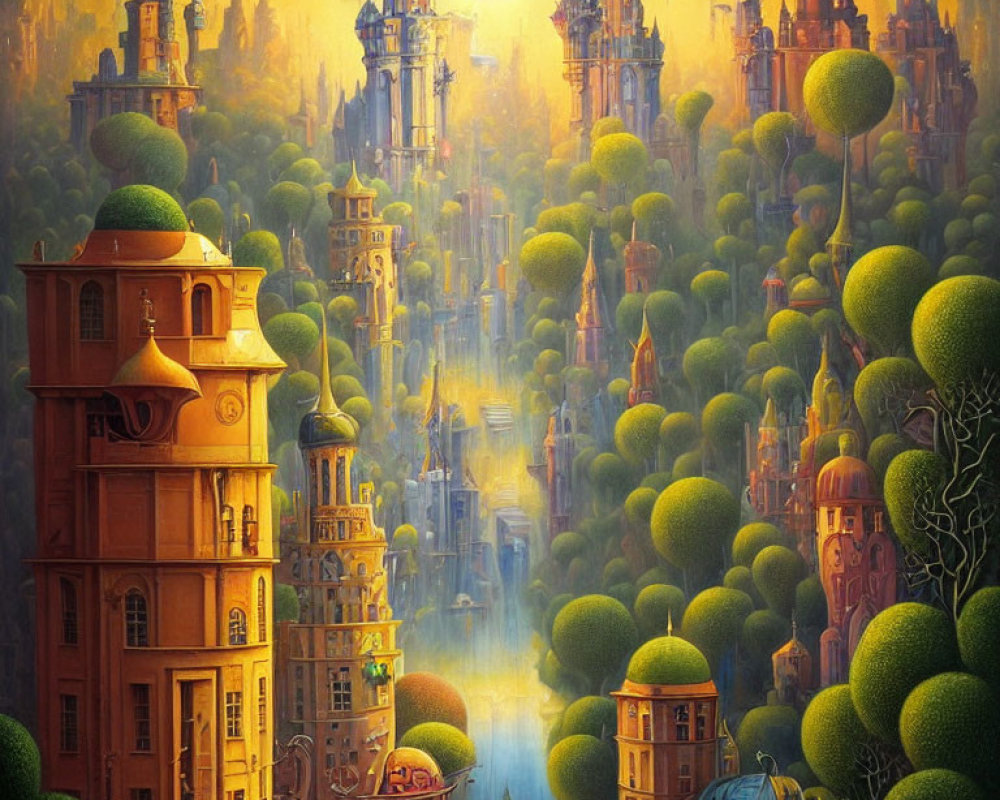 Golden-hued cityscape with tree-covered domes under a sunset sky