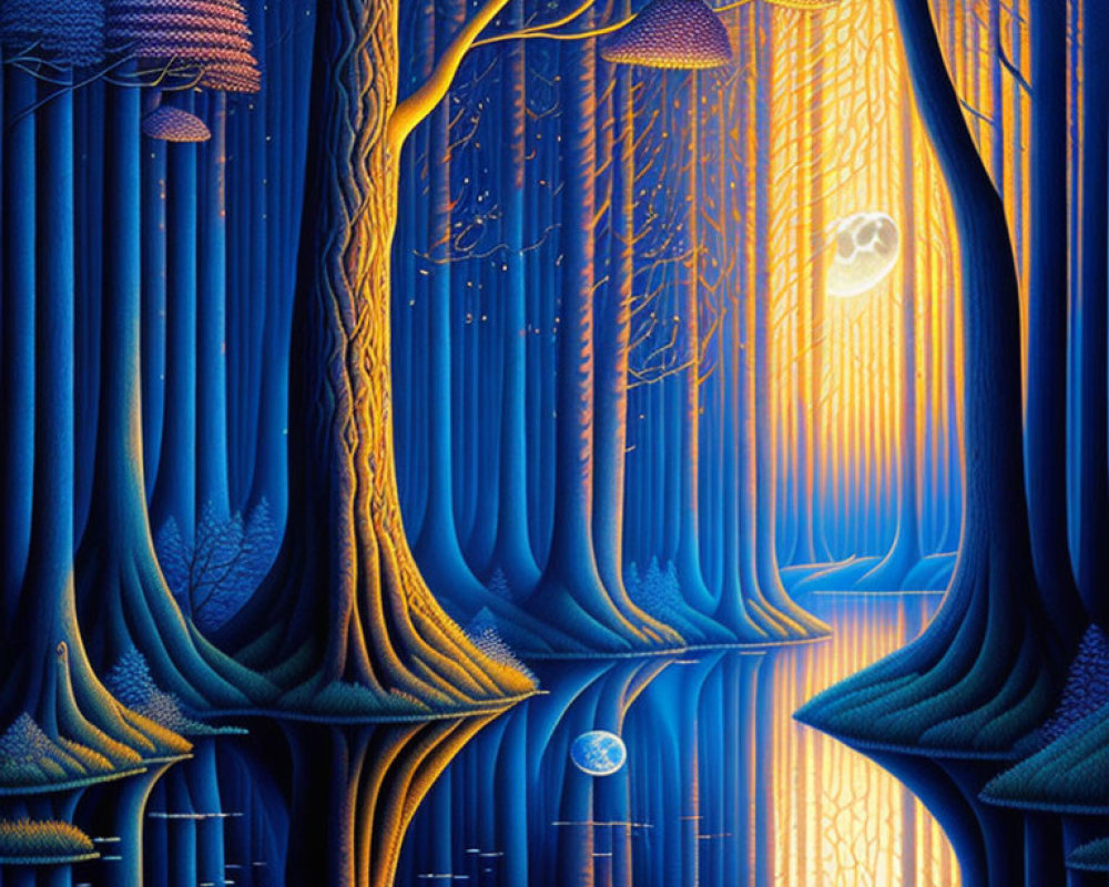 Vibrant Blue and Orange Mystical Forest with Glowing Mushrooms