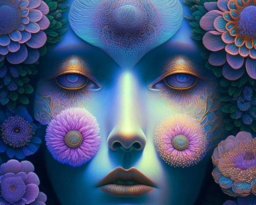 Surreal portrait of woman with floral elements in blue and purple palette