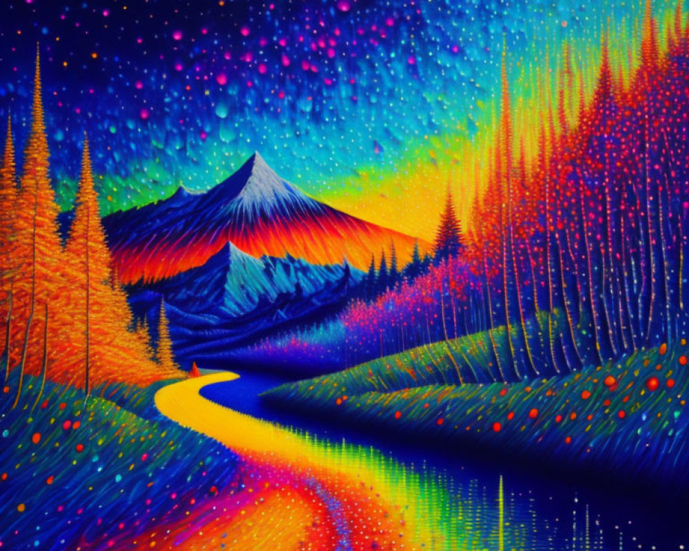 Vibrant psychedelic painting of mountain landscape with river and glowing trees