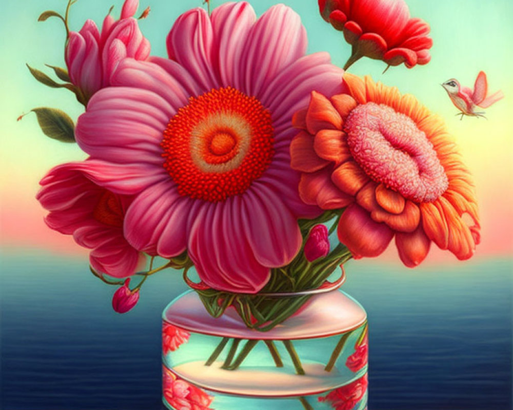 Colorful Flower Bouquet Painting with Sunset Seascape Background