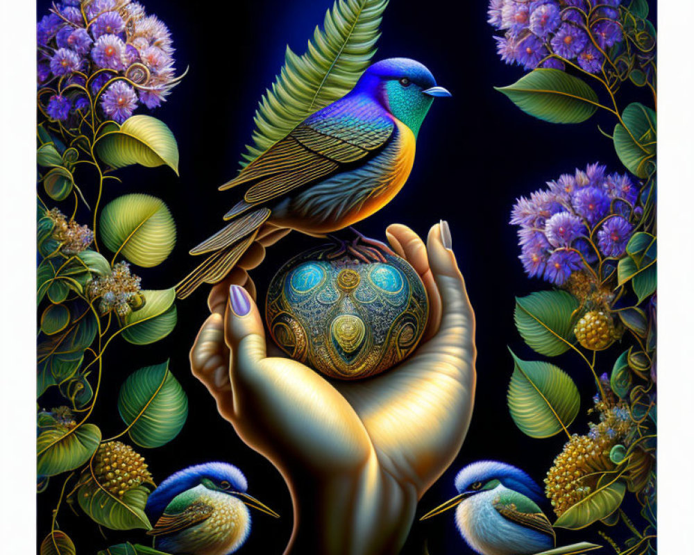 Colorful birds and ornate egg in hand artwork with lush flora