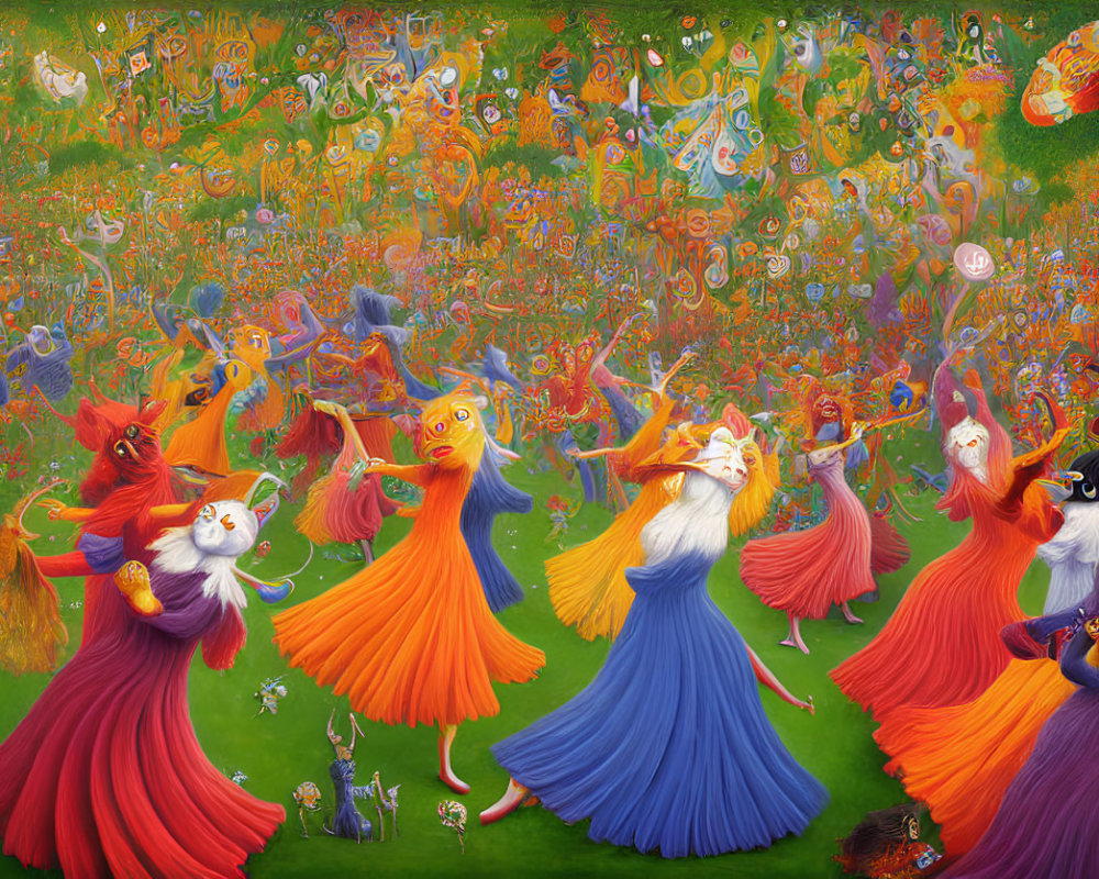 Colorful Artwork of Whimsical Creatures in Festive Gathering