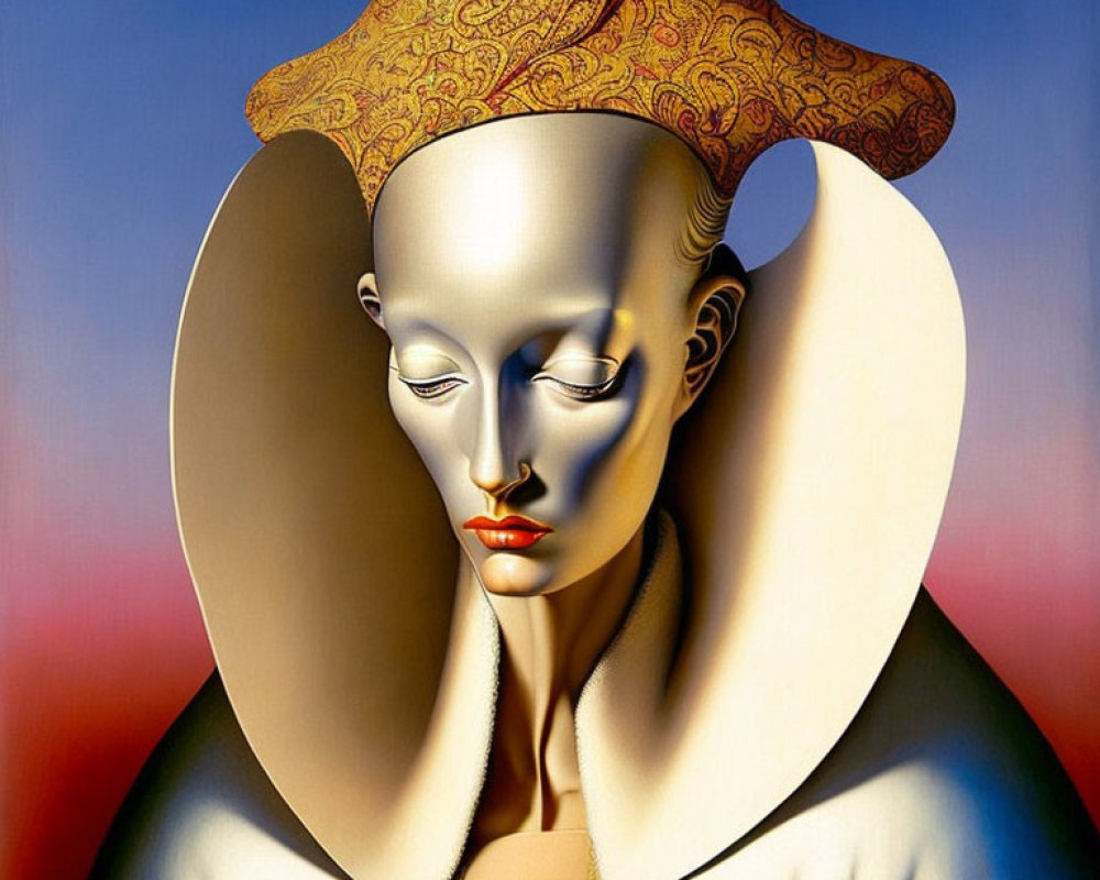 Surreal portrait of figure with pale face and ornate hat on gradient background