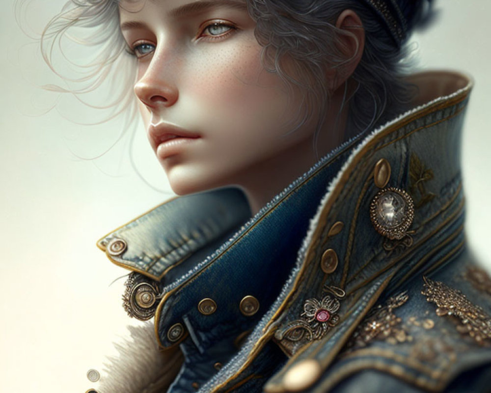 Detailed digital artwork of a woman in ornate military-style jacket and floral cap, with wistful