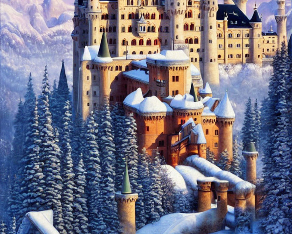 Snowy Landscape: Majestic Castle, Frost-Covered Trees & Twilight Sky