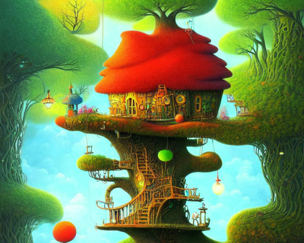 Whimsical treehouse with red roof in vibrant green forest