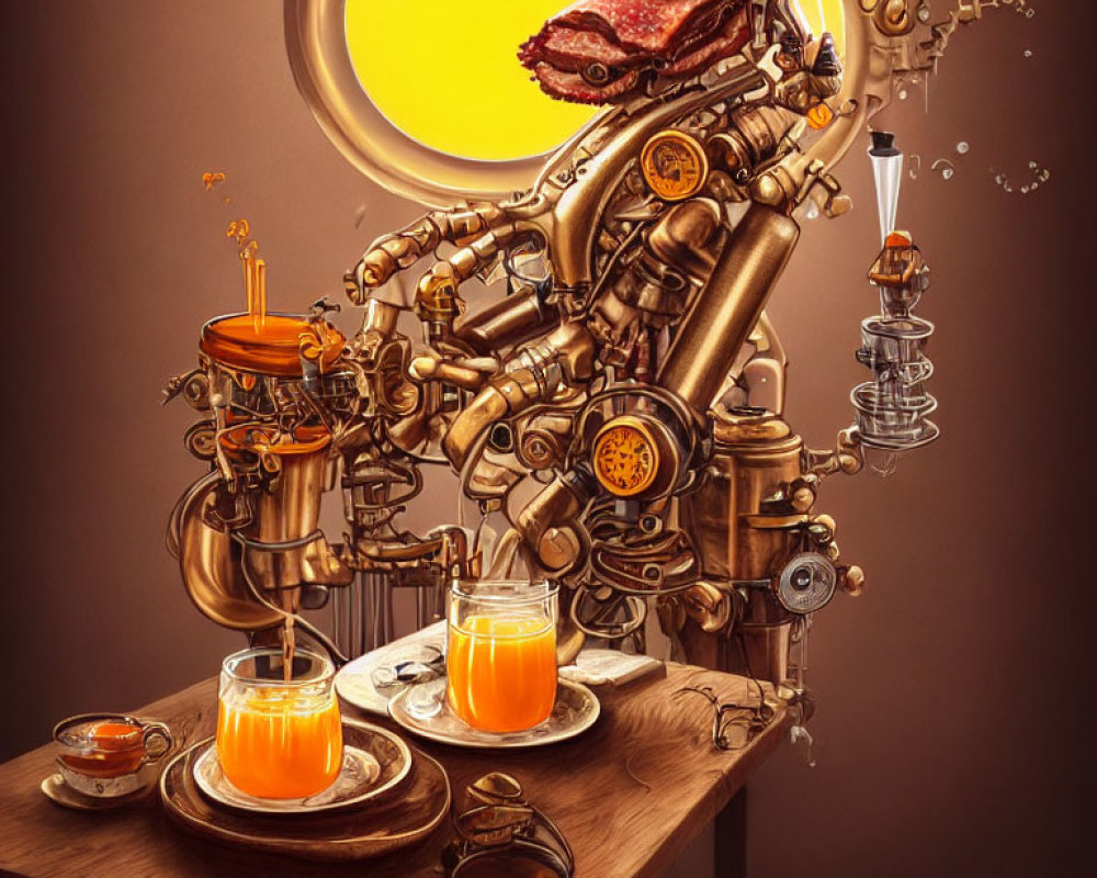 Steampunk-inspired contraption pouring orange liquid against glowing circular backdrop
