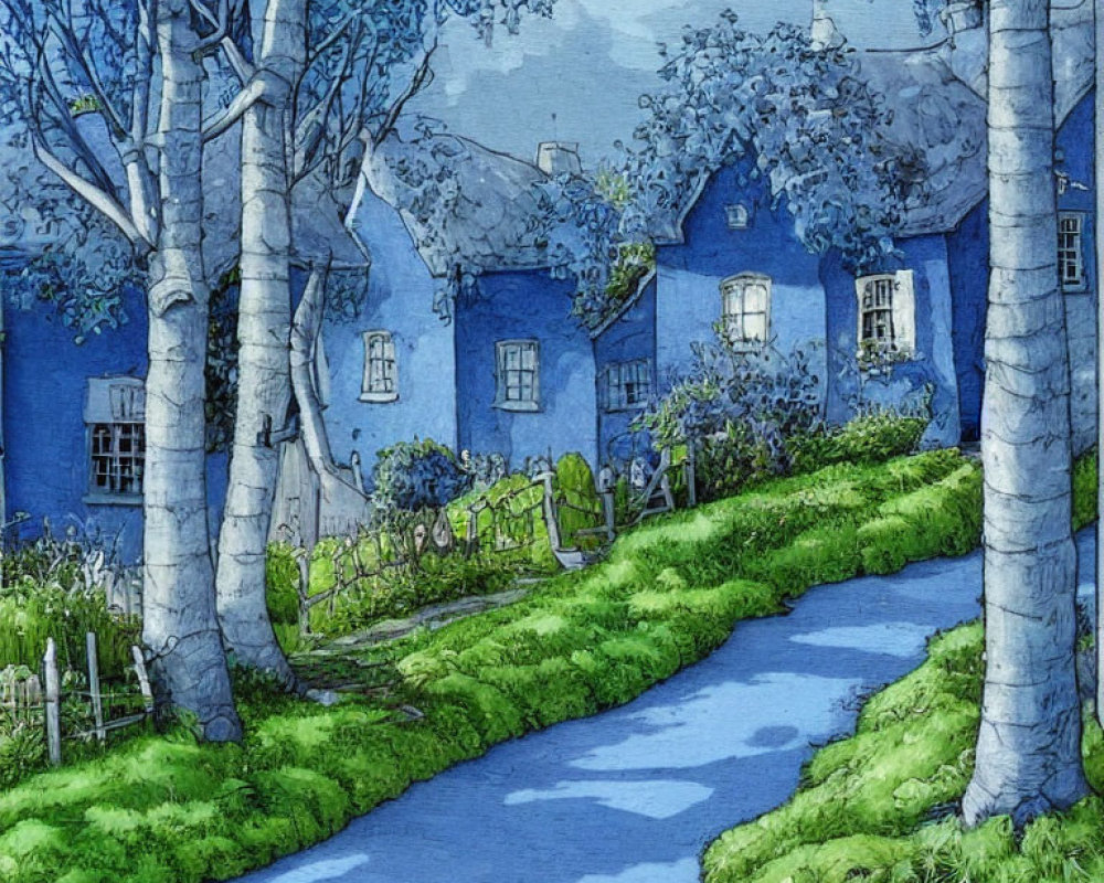 Tranquil Village Scene with Birch Trees at Dusk