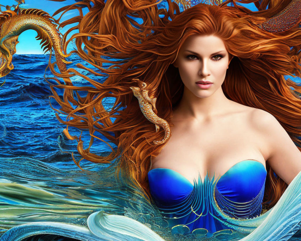 Digital Artwork: Mermaid with Red Hair and Blue Tail in Ocean Scene