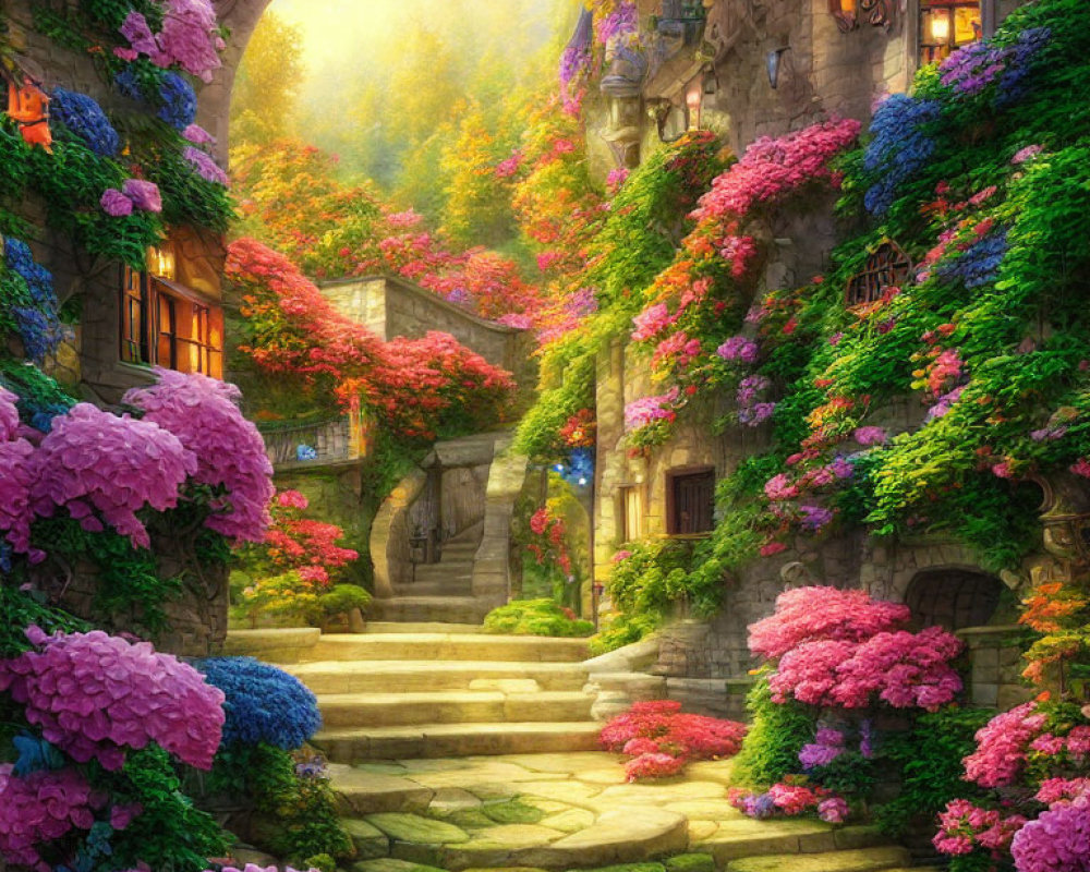 Enchanting stone cottage with vibrant flowers and sunlit path.