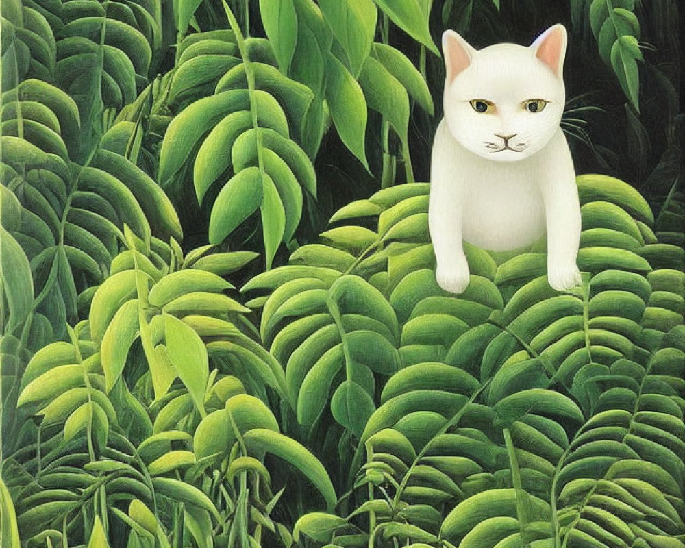 White Cat Among Green Foliage with Orange Flower and Hidden Mouse